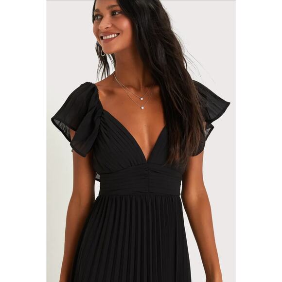 NEW Lulus Ideal Occasion Black Pleated Flutter Sleeve Backless Maxi Dress - Picture 3 of 13